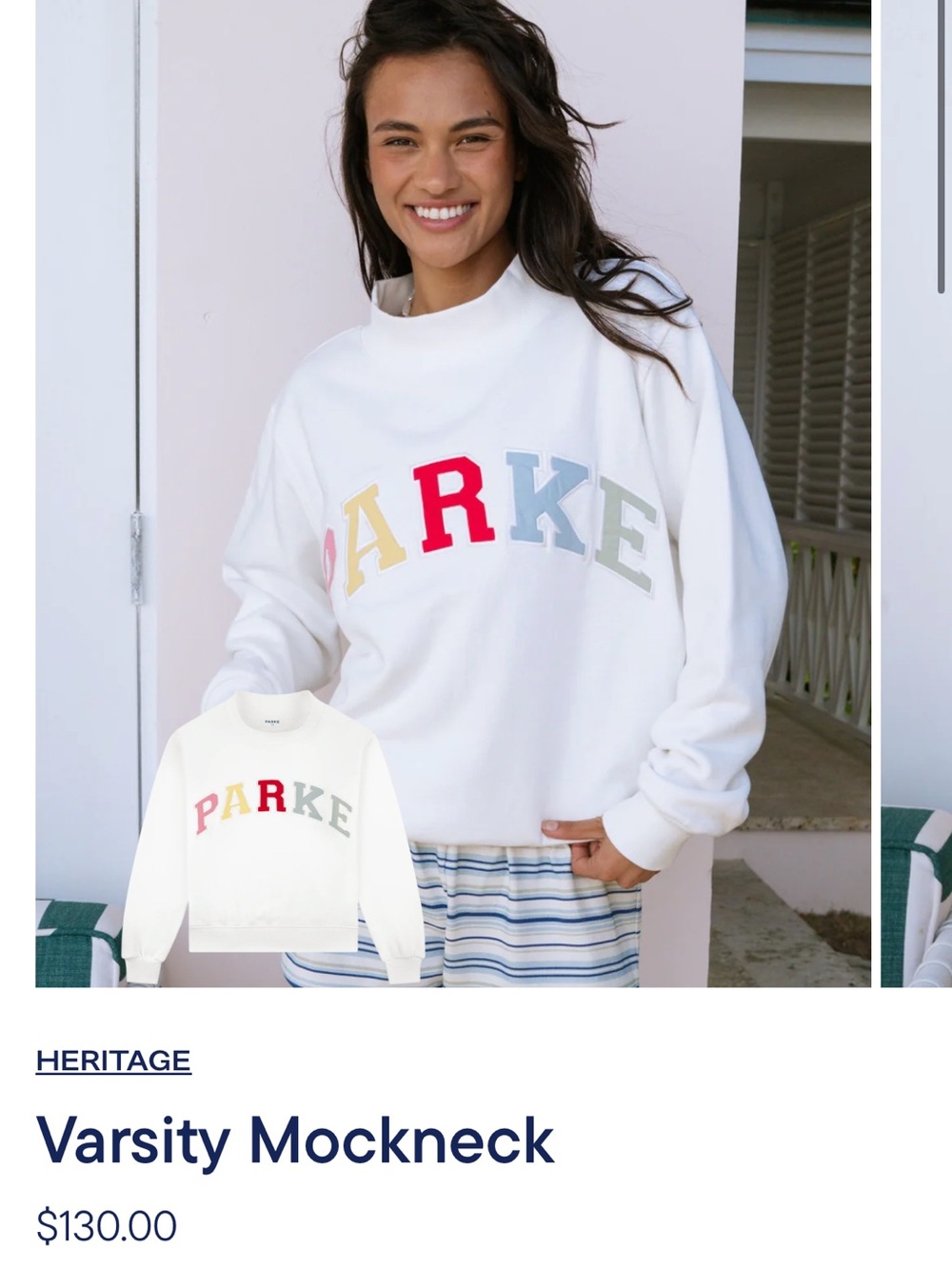 PARKE Paradise White Varsity Mockneck Sweatshirt